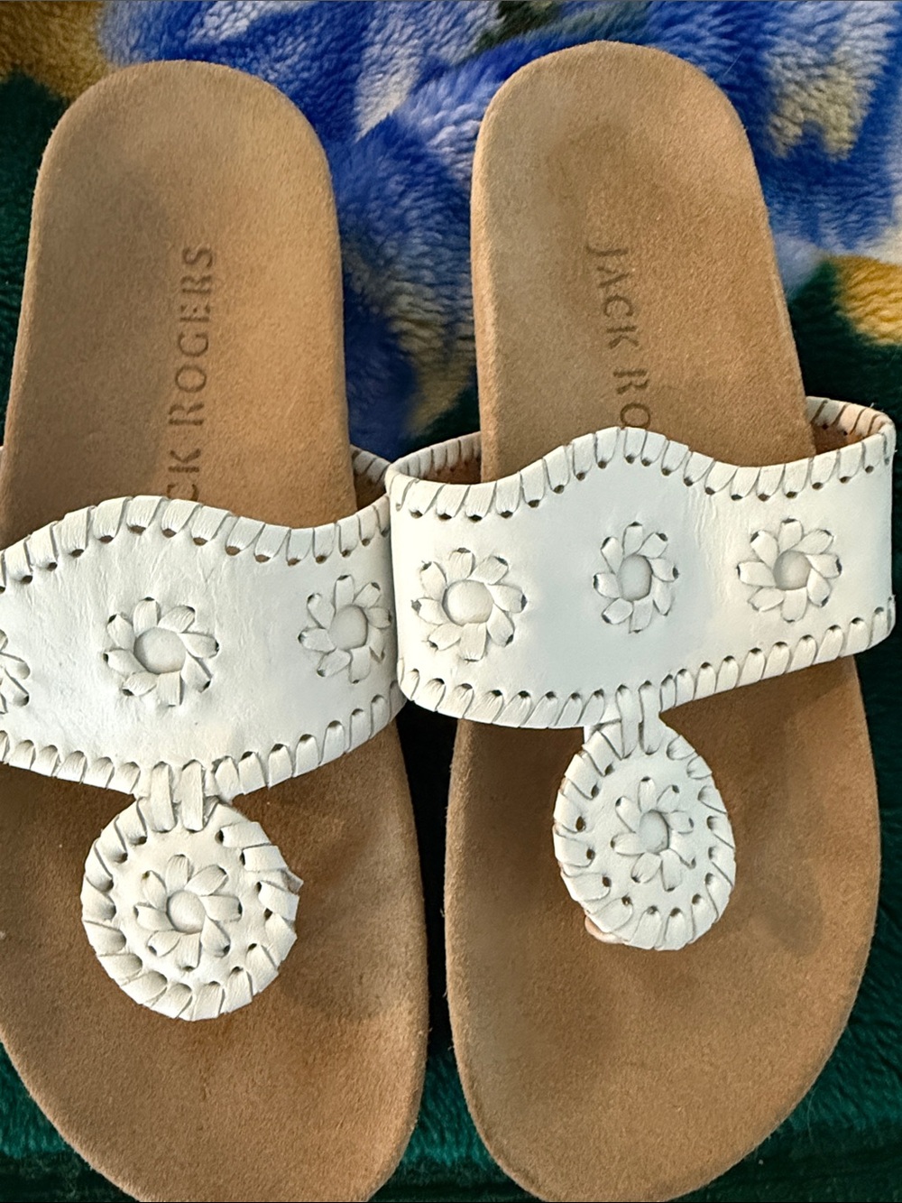 Jack Rogers White Leather Floral Thong Sandals